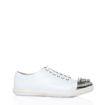 Beyaz Deri Burnu Taşlı Sneaker Ayakkabı(053b)