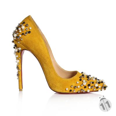 Sarı Süet İnci Boncuklu Stiletto Ayakkabı