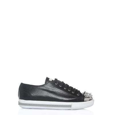 Siyah Deri Burnu Taşlı Sneaker Ayakkabı(a-92)