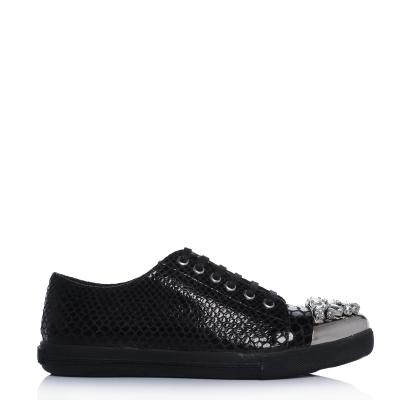 Siyah Krokodil Deri Burnu Taşlı Sneaker Ayakkabı(053)