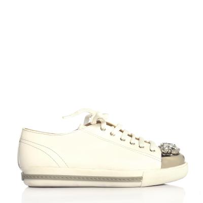 Beyaz Deri Gümüş Burnu Taşlı Sneaker Ayakkabı(a-92)